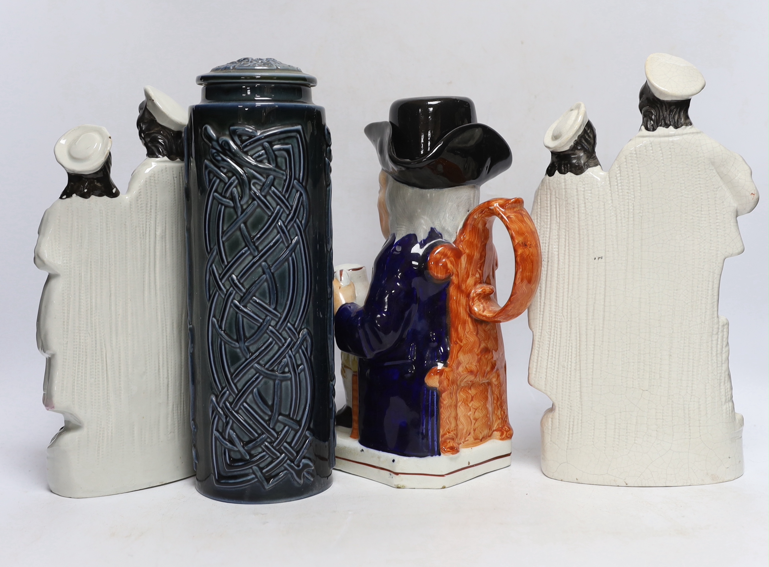 Two Staffordshire groups, toby jug and an Irish jar and cover, 29cm